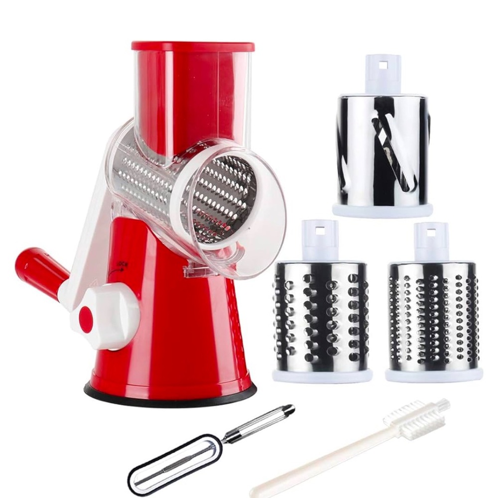 Rotary Cheese Grater Round Mandoline 3 Drum Blades Vegetable Slicer Shredder